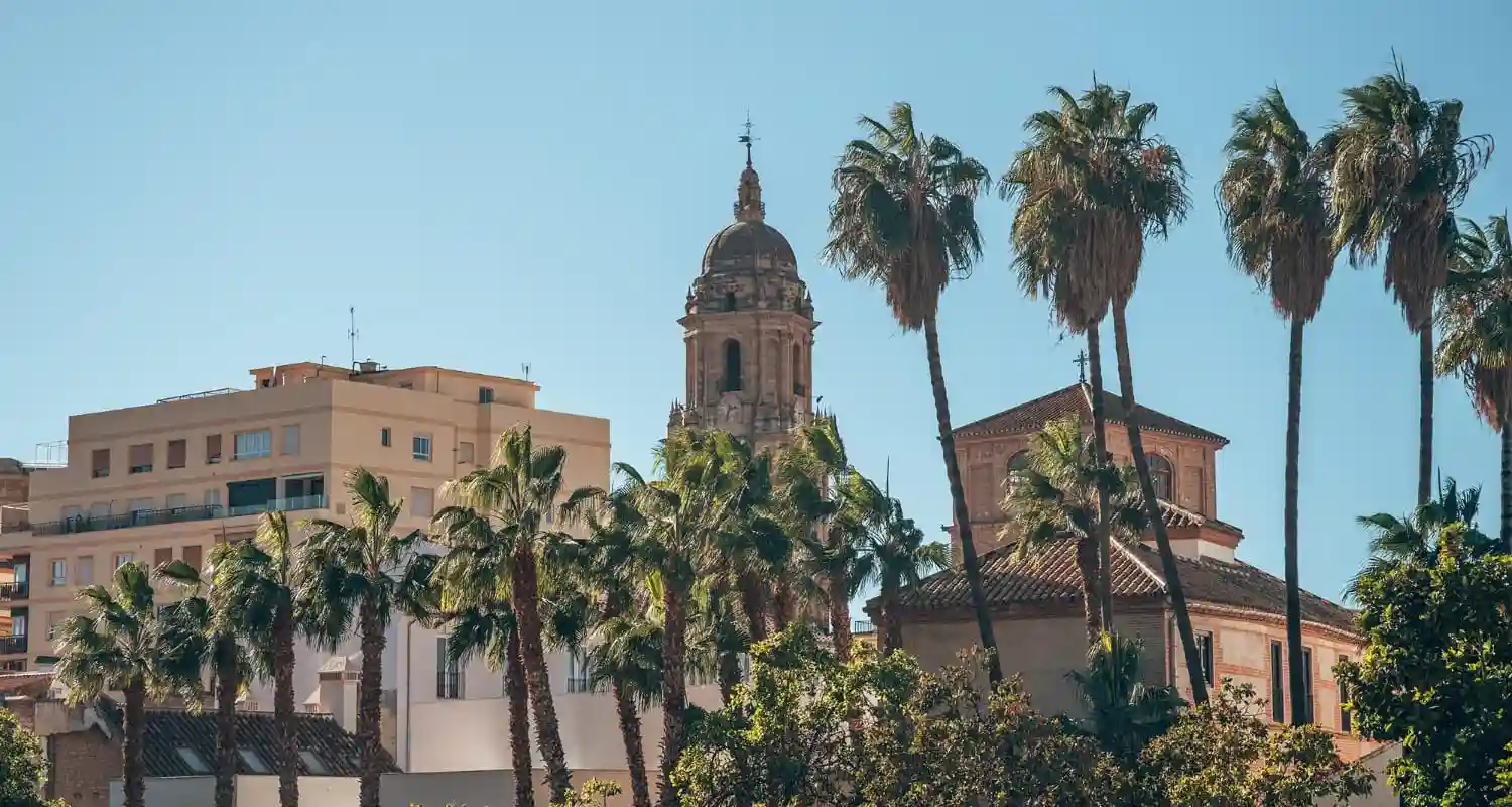 Vista urbana con palmeras y arquitectura típica del centro de Málaga
